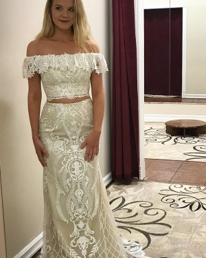 Ivory Lace Off the Shoulder Two Piece Prom Dress pd1507