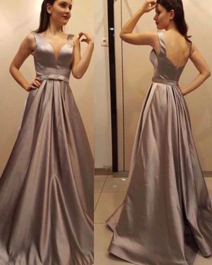 Satin Pleated Deep V-neck Brown Prom Dress with Open Back pd1512