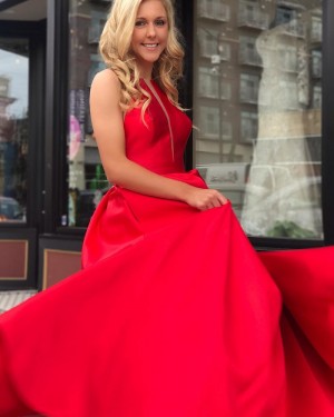 Red Pleated Jewel Neck Long Satin Prom Dress with Pockets pd1517