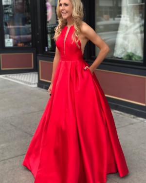 Red Pleated Jewel Neck Long Satin Prom Dress with Pockets pd1517