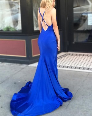 Simple V-neck Mermaid Satin Royal Blue Prom Dress with Side Slit pd1518