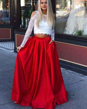 Two Piece Jewel Long Sleeve Lace Bodice Prom Dress with Red Skirt pd1521