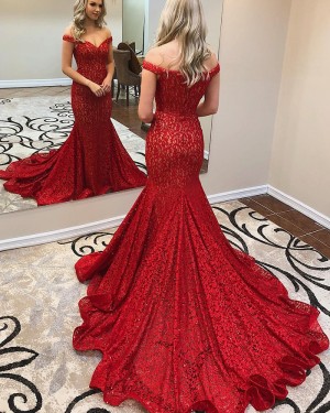 Red Beading Off the Shoulder Lace Mermaid Style Evening Dress pd1522