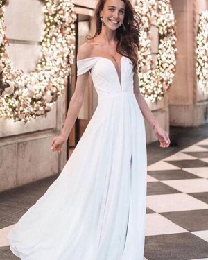 White Chiffon Off the Shoulder Prom Dress with Side Slit pd1523