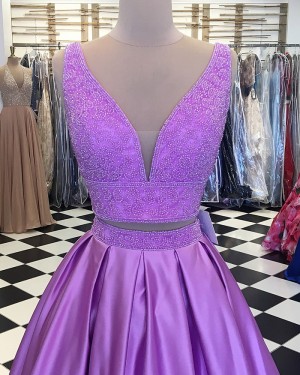 Lavender Beading Bodice Two Piece Satin Pleated Prom Dress pd1525