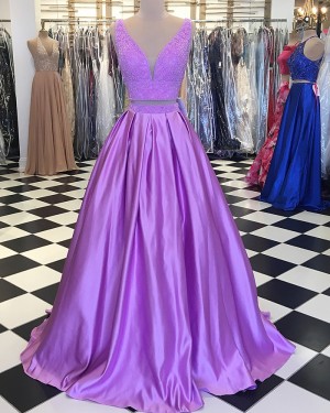 Lavender Beading Bodice Two Piece Satin Pleated Prom Dress pd1525