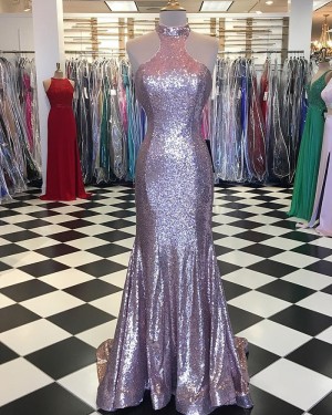 High Neck Metallic Rose Gold Mermaid Pleated Prom Dress pd1526