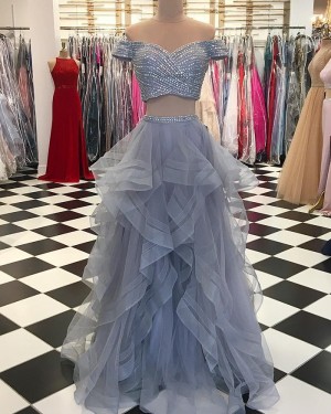 Two Piece Grey Sequin Pattern Bodice Prom Dress with Ruffled Skirt pd1527