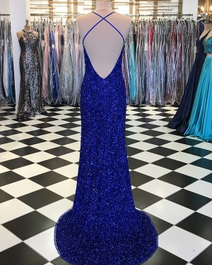 Royal Blue Spaghetti Straps Sequin Mermaid Prom Dress with Side Slit pd1529