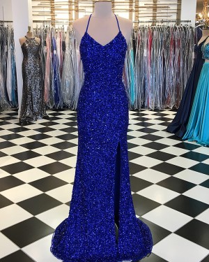 Royal Blue Spaghetti Straps Sequin Mermaid Prom Dress with Side Slit pd1529