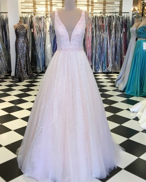 Sequin Light Pink Deep V-neck Pleated Prom Dress with Handmade Flowers pd1530
