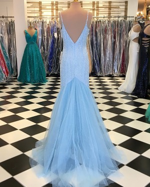 Sequin Tulle V-neck Sky Blue Mermaid Long Formal Dress pd1531