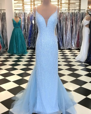 Sequin Tulle V-neck Sky Blue Mermaid Long Formal Dress pd1531