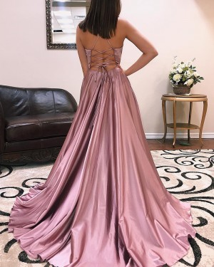 Simple Satin Spaghetti Straps Prom Dress with Side Slit pd1532