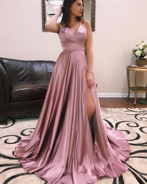 Simple Satin Spaghetti Straps Prom Dress with Side Slit pd1532