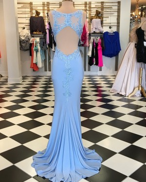 Square Appliqued Blue Mermaid Satin Long Formal Dress pd1537