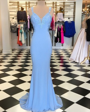Square Appliqued Blue Mermaid Satin Long Formal Dress pd1537