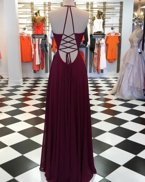 Simple Burgundy Pleated Prom Dress with Side Slit pd1538