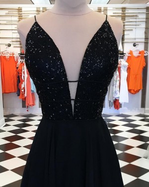 Black Satin Spaghetti Straps Beading Bodice Prom Dress pd1539