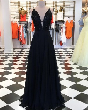 Black Satin Spaghetti Straps Beading Bodice Prom Dress pd1539