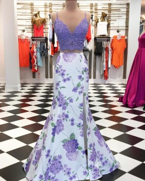 Two Piece Purple Mermaid Slit Prom Dress with Floral Print Skirt pd1544