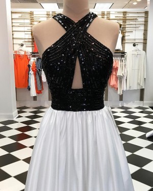 Sequin Pleated Black and White Long Formal Dress pd1549