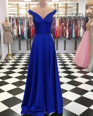Simple Satin Royal Blue Off the Shoulder Long Formal Dress pd1551