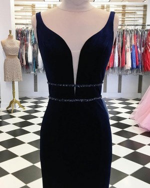 V-neck Black Sheath Long Formal Dress with Side Slit pd1552