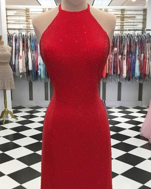 Sparkle Beading Halter Neck Red Long Formal Dress pd1554