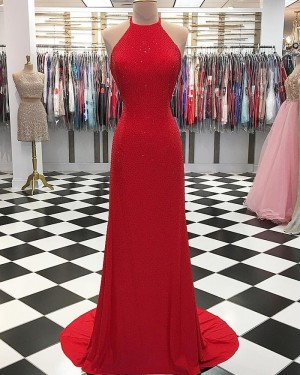 Sparkle Beading Halter Neck Red Long Formal Dress pd1554