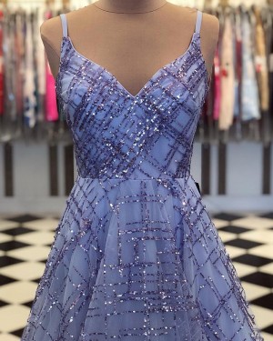 Sequin Pattern Spaghetti Straps Blue Sparkle Prom Dress pd1555