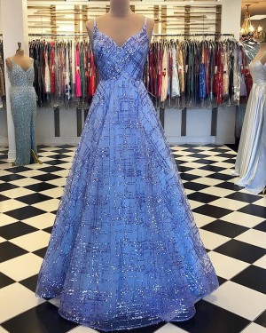 Sequin Pattern Spaghetti Straps Blue Sparkle Prom Dress pd1555