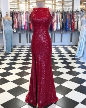 Red Sequin Mermaid High Neck Prom Dress with Side Slit pd1556
