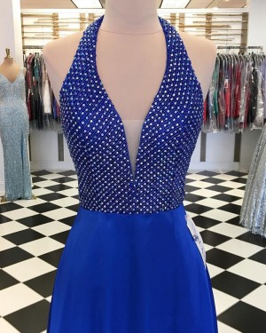 Halter Beading Bodice Blue Long Formal Dress pd1557