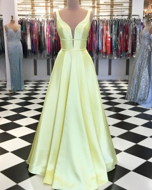 Simple V-neck Yellow Satin Pleated Long Formal Dress pd1559