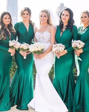 Satin Green V-neck Ruched Bridesmaid Dress with Long Sleeves pd1562