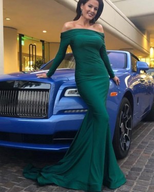 Simple Off the Shoulder Green Satin Evening Dress with Long Sleeves pd1574