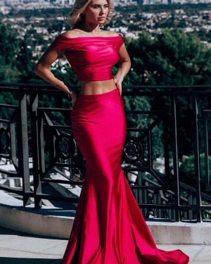 Simple Off the Shoulder Two Piece Red Satin Mermaid Prom Dress pd1575