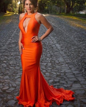 Simple Cutout Satin High Neck Orange Mermaid Prom Dress pd1576