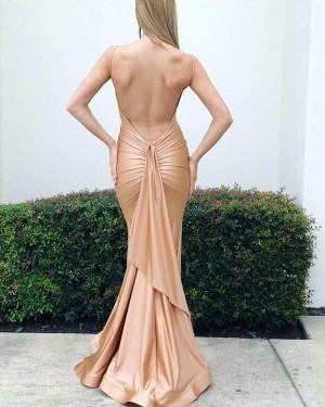 Simple Nude Spaghetti Straps Satin Mermaid Prom Dress pd1578