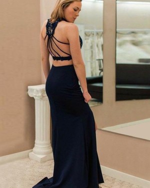 High Neck Navy Blue Two Piece Lace Bodice Prom Dress pd1579