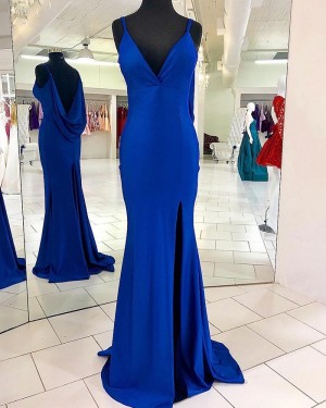 Simple V-neck Blue Ruched Back Mermaid Prom Dress with Side Slit pd1587