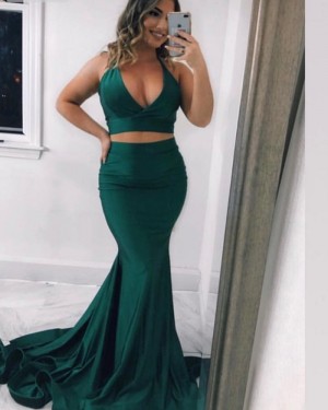 Simple Green Halter Satin Two Piece Mermaid Prom Dress pd1589