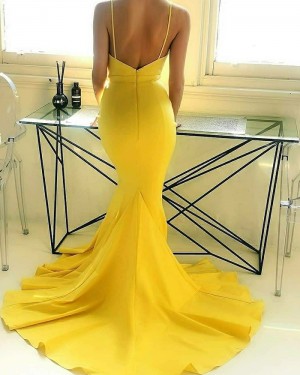 Simple Spaghetti Straps Mermaid Yellow Satin Prom Dress pd1591