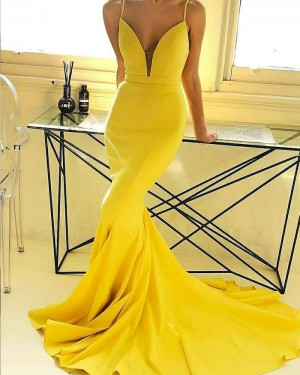 Simple Spaghetti Straps Mermaid Yellow Satin Prom Dress pd1591