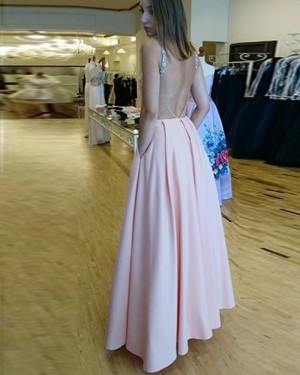 Beading Satin Scoop Pink Prom Dress with Pockets pd1592