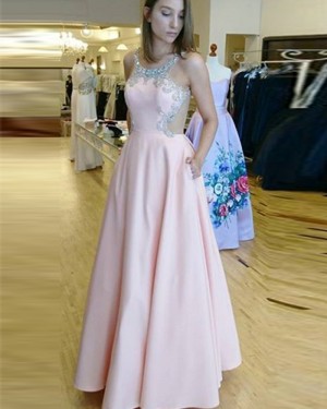 Beading Satin Scoop Pink Prom Dress with Pockets pd1592
