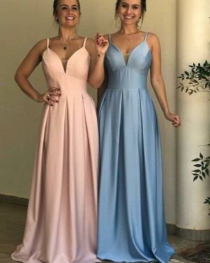 Simple Spaghetti Straps Satin Blue Pleated Prom Dress pd1595