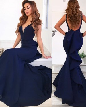 Simple Navy Blue Mermaid Satin Deep V-neck Evening Dress with Ruffled Back pd1596