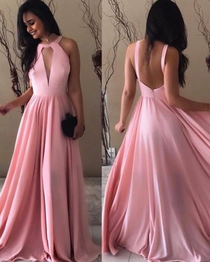 Simple Cutout Pink Pleated High Neck Long Formal Dress pd1597